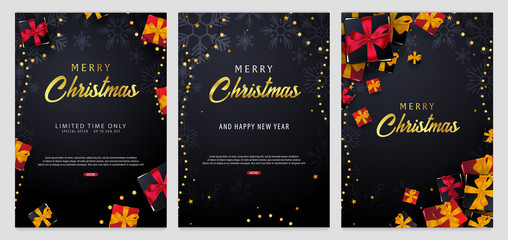 Fototapeta na wymiar Set of Marry Christmas and Happy New Year banner on dark background with snowflakes and gift boxes. Vector illustration.