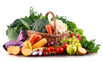 Composition with variety of raw organic vegetables and fruits © monticellllo