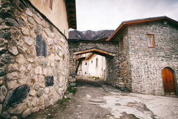 Historical defensive towers of Mestia - townlet in the highlands of Upper Svaneti province in the Caucasus Mountains.