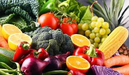 Composition with variety of raw organic vegetables and fruits