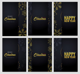 Fototapeta na wymiar Set of Marry Christmas and Happy New Year banner on dark background with snowflakes. Vector illustration.