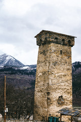 Fototapeta na wymiar Historical defensive towers of Mestia - townlet in the highlands of Upper Svaneti province in the Caucasus Mountains.