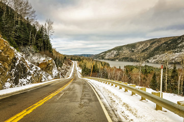 View of a road in up north Quebec in early winter