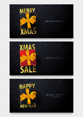 Obraz na płótnie Canvas Set of Marry Christmas and Happy New Year banner on dark background with snowflakes and gift boxes. Vector illustration.