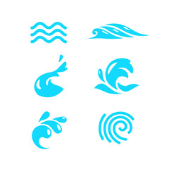 Vector collection of flat water wave icons isolated on white background. Water logo, emblem design. Blue water splashes symbol, ocean, different sea waves rolling sign.