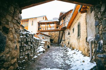 Mestia streets, backyard - townlet in the highlands of Upper Svaneti province in the Caucasus Mountains.