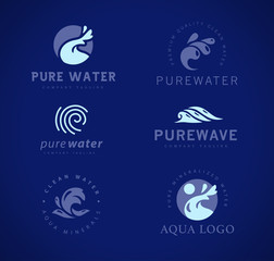 Vector flat collection of pure water logotypes isolated on dark blue background. Water waves emblem isolated. Aqua logo design. Natural clean eco water symbol, sign. 