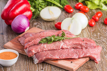  Cut of raw beef steak on wooden cutting board