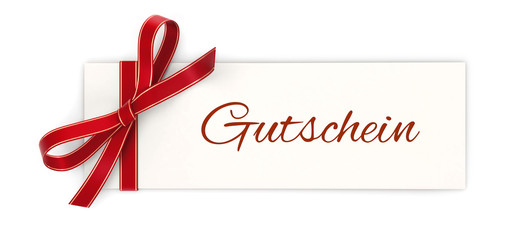 Gift card with red ribbon bow isolated on white background - Gutschein