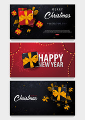 Obraz na płótnie Canvas Set of Marry Christmas and Happy New Year banner on dark and red background with snowflakes and gift boxes. Vector illustration.
