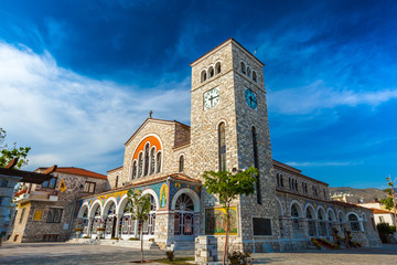 Beautiful Catholic church of the Annunciation, with wall paintings. Volos, Magnisia, Hellas, Greece - April 2017.