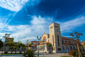 Beautiful Catholic church of the Annunciation, with wall paintings. Volos, Magnisia, Hellas, Greece - April 2017.