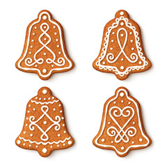 Set of gingerbread christmas bell cookies with ornaments