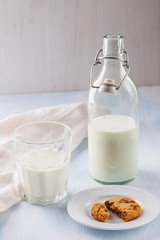 cookies with chocolate chips and a glass of milk