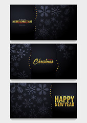 Fototapeta na wymiar Set of Marry Christmas and Happy New Year banner on dark background with snowflakes. Vector illustration.