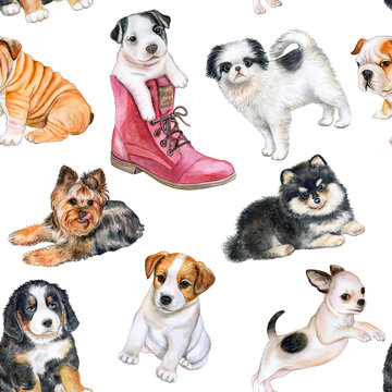 Seamless pattern with puppies. Wallpapers with dogs. Watercolor. Illustration.