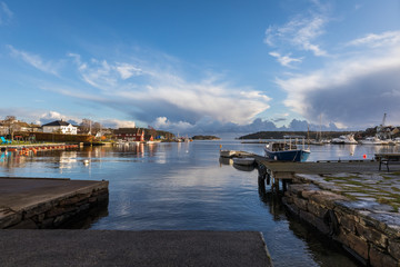 Lillesand, Norway - November 10, 2017: View of the harbour ocean and sky. Seen from Lillesand City.