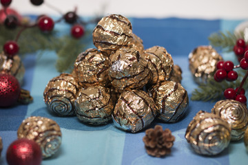 Pile of sweet round chocolate candies