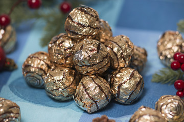 Pile of sweet round chocolate candies