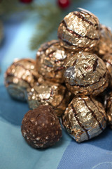 Pile of sweet round chocolate candies