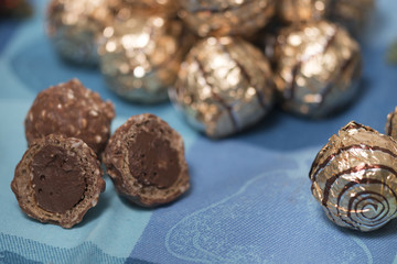 Pile of sweet round chocolate candies