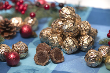 Pile of sweet round chocolate candies