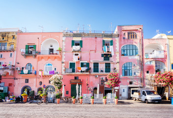 Procida island with colorful houses in small town street, Italy, retro toned - obrazy, fototapety, plakaty