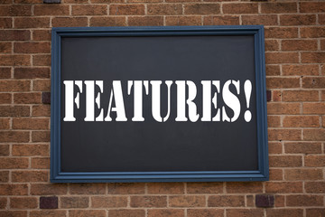 Obraz premium Conceptual hand writing text caption inspiration showing announcement Features. Business concept for Advertisement Advertising written on frame old brick background with copy space