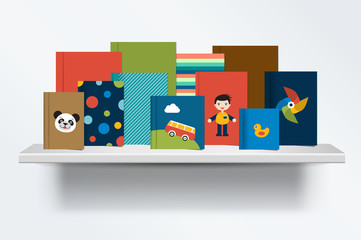 Children, kids Bookshelf. Front view of books cover standing on grey background with shadows. Vector illustration. © kubko