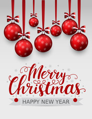 Vector christmas greeting card with red balls and lettering. Merry christmas and happy new year