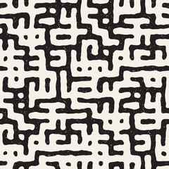 Vector Seamless Black And White Rounded Irregular Maze Pattern. Abstract Hand Drawn Background