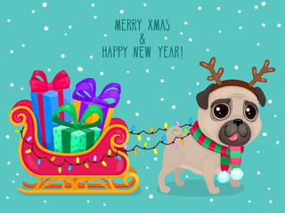 Vector color illustration of christmas dog. Christmas card,cute dog in Santa's hat.Symbol of 2018.