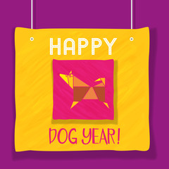 Greeting poster. Happy Chinese lunar new year 2018 card. Oriental holiday. Vector home pet dog zodiac sign. Asian traditional symbol decorative element. Template fest sale advertisement tag background