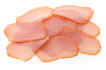 Sliced boiled ham sausage isolated on white background, top view.