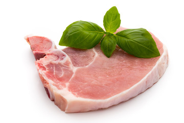 Fresh raw beef steak isolated on white background, top view.