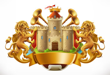 Coat of arms. Castle and lions. 3d vector icon
