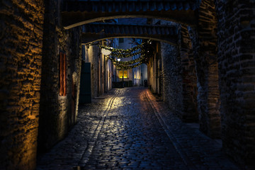Fototapeta na wymiar St. Catherine's Passage at night in Tallinn