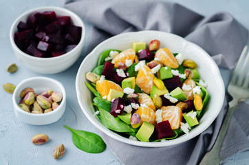 Spinach mandarin beet Feta pistachios salad