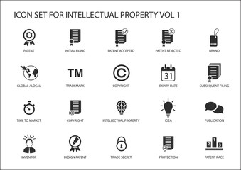 Intellectual property / IP vector icon set. Concept of patents, trademark and copyright - obrazy, fototapety, plakaty