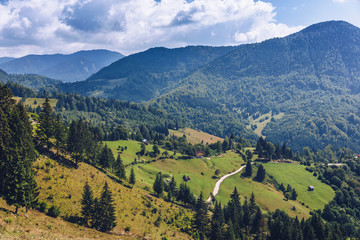 Carpathian mountains summer landscape with blue sky and clouds, natural background. Panoramic view