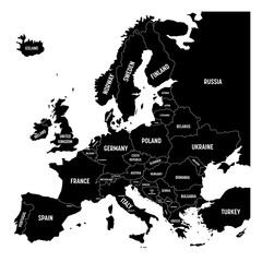 Obraz premium Map of Europe with names of sovereign countries, ministates included. Simplified black vector map on white background.