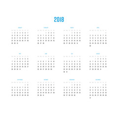 Vector calendar - Year 2018. Week starts from Sunday. Simple flat vector illustration with blue headers.
