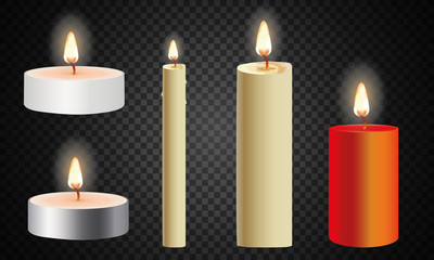 3d set realistic paraffin candles isolated on transparent background. Vector illustration