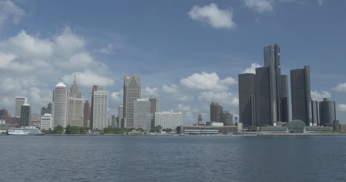 Detroit City Riverfront Skyline Medium Shot