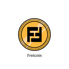 Fototapeta premium Freicoin cryptocurrency flat color line icon. Vector illustration of gold currency - frei coin on isolated background. Vitrtual or digital money symbol, sign, image, emblem, logo, element, label.