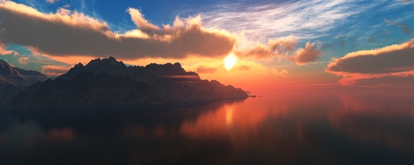 sunset over the lake in the mountains, panorama of the mountain landscape
