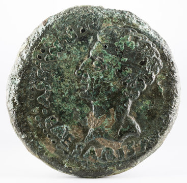 Ancient Roman bronze dupondius coin of Ebora. Coined by Emperor Augustus. Obverse.