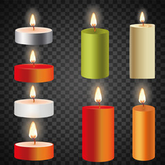 3d set realistic paraffin candles isolated on transparent background. Vector illustration