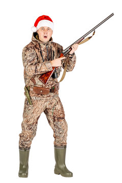 stressed male hunter with double barreled shotgun