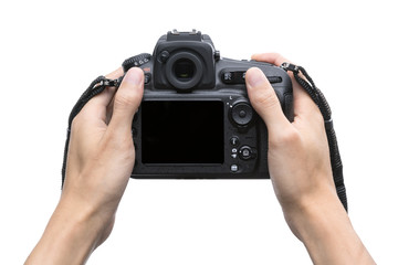 DSLR digital camera in hand isolated on white background